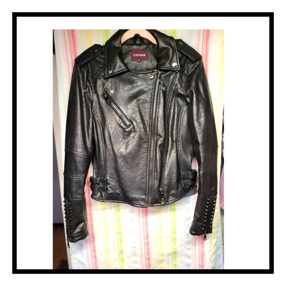 Vigoss Black Vegan Leather Motorcycle Jacket with Studded Details